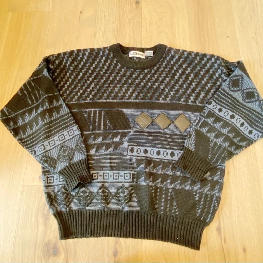 Vintage 90s Urban Works Dad Grandpa Sweater Leather Trim Patch Crewneck Pullover